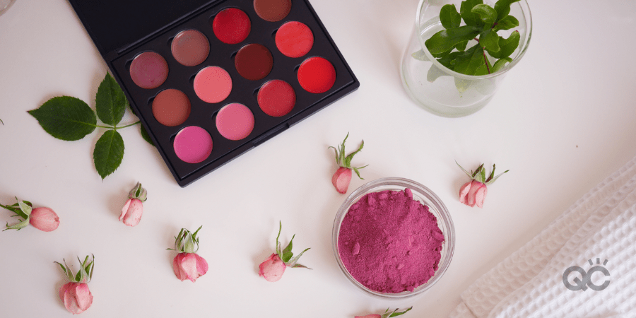 pink powder from rose to made organic lipstick and skincare product on white background. homemade remedy . top view.