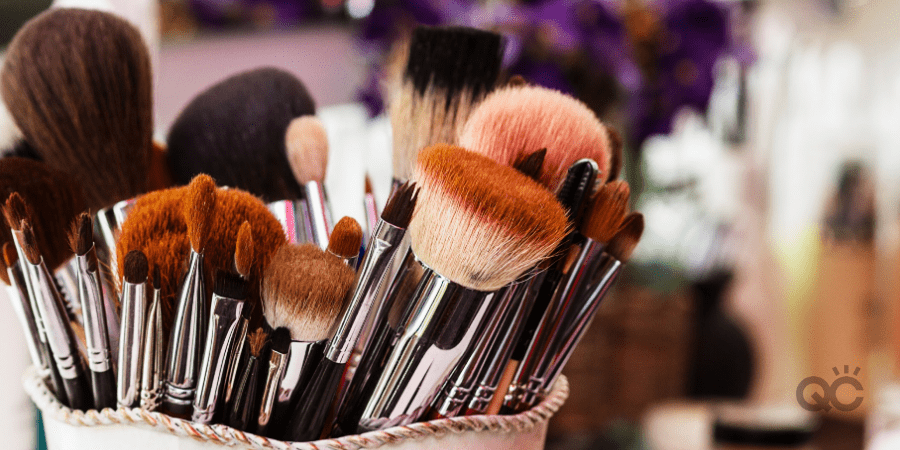 up-close shot of makeup brushes