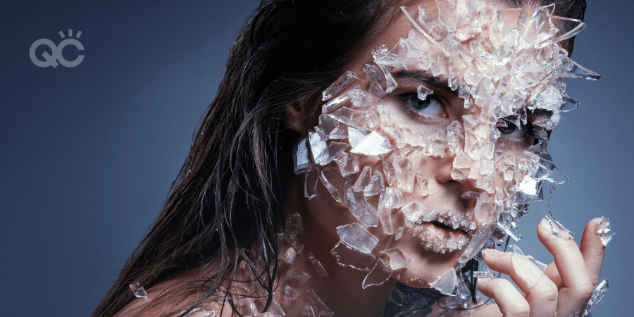 special fx makeup woman with shards of glass sticking out of face