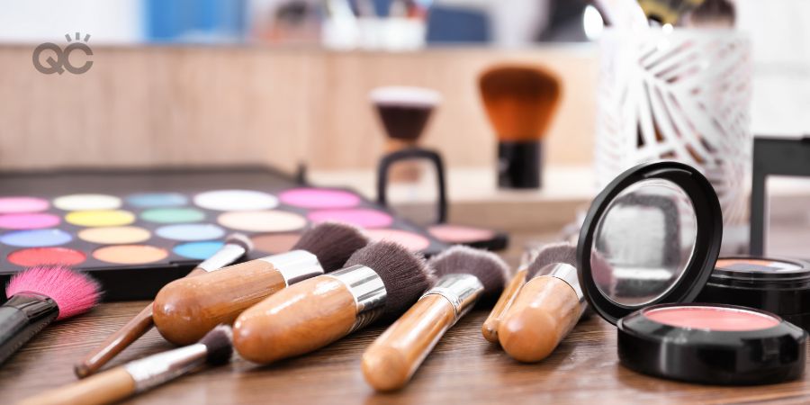 Products from makeup kit lying on table