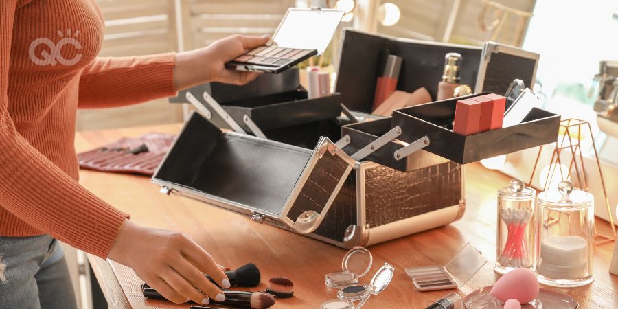 Photo showing well stocked makeup kit. Student uses kit while attending top Canadian makeup school.