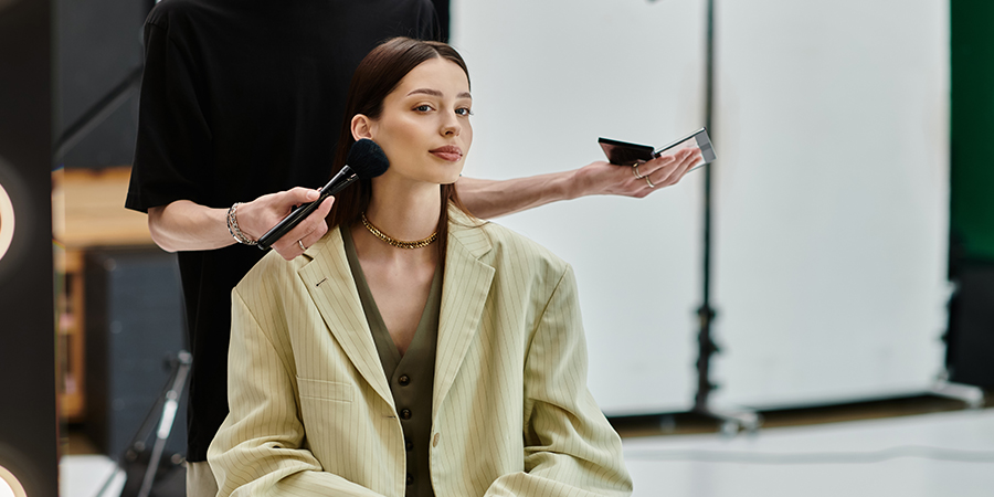 Student practices makeup on a model learning from the best Canadian cosmetology schools